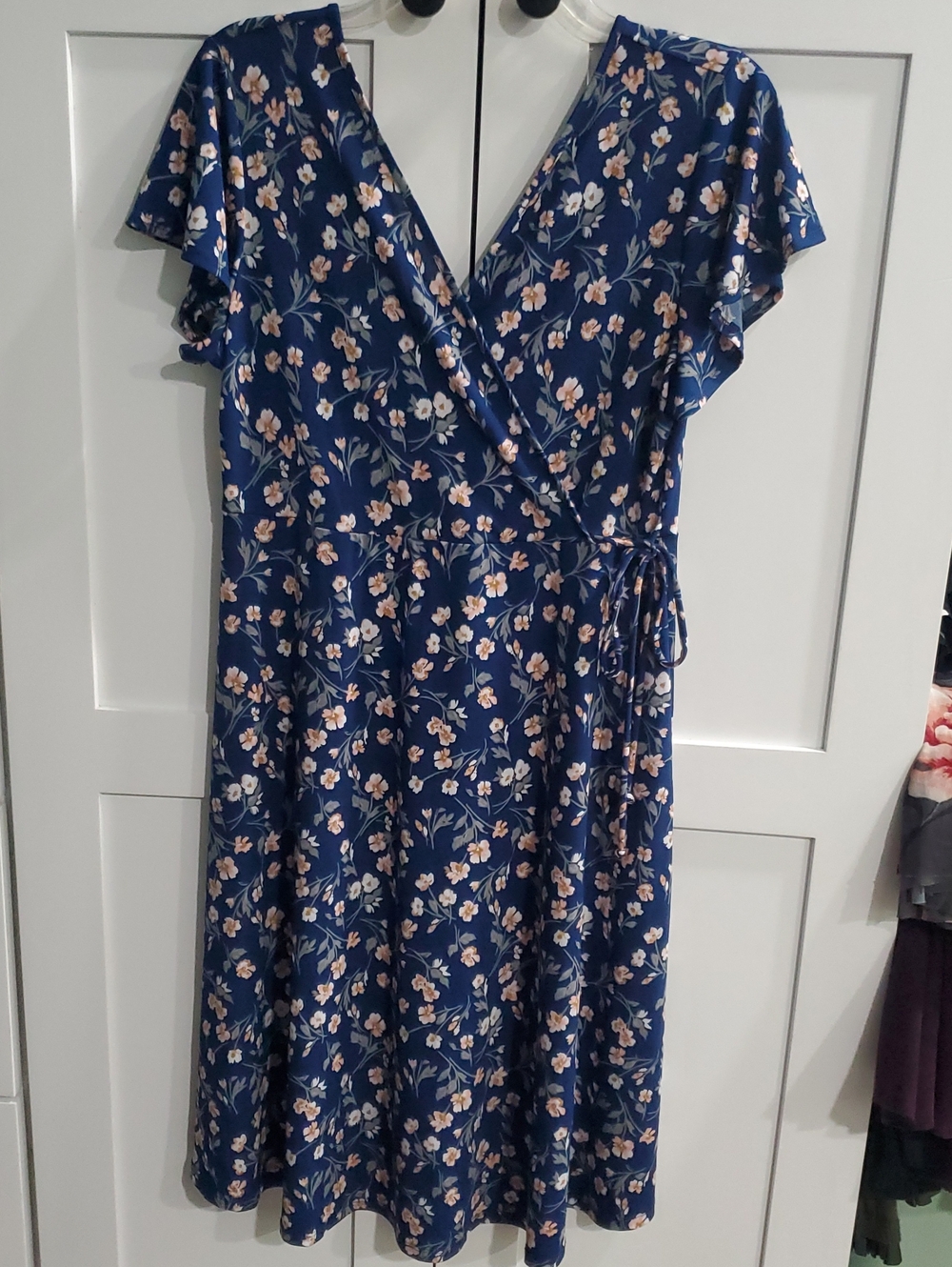 Navy Floral Wrap Midi Dress with Tie Waist